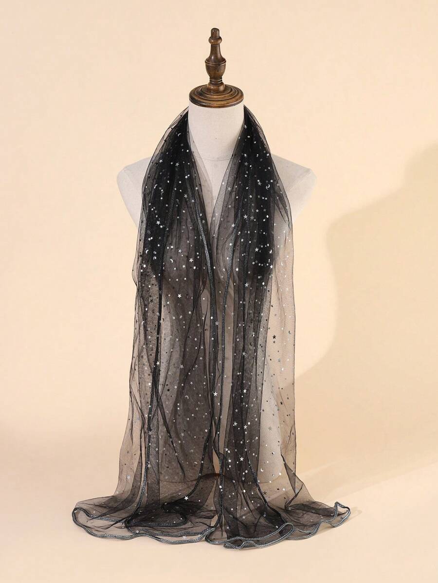 1pc Black Edged Starry Chiffon Scarf, Versatile Fashion Sunscreen Shawl Suitable For All Seasons, Spring/Summer - Apricot - View 1