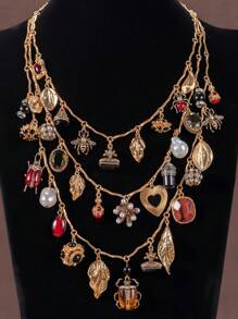 复古多元素几何形状爱心昆虫叶三层项链手链适合女性日常佩戴礼物球配饰 - 三條可拆分 - 查看 2