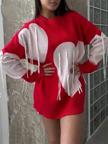 Women's Autumn Sweater Long Sleeve Knit Tassel Heart Knitwear - 紅色 - 查看 3