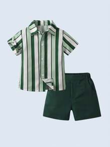 BOARNSEORL 2pcs Young Boys' Striped Short Sleeve Shirt And Shorts Set, Suitable For Birthday, Party, Vacation - Green - View 2