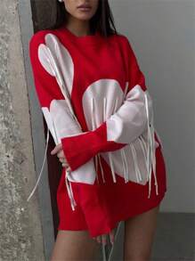 Women's Autumn Sweater Long Sleeve Knit Tassel Heart Knitwear - 紅色 - 查看 6