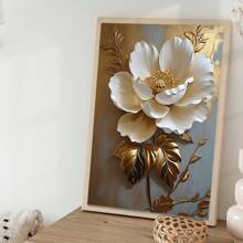 1 pieza, Pintura colgante de lienzo, Pintura decorativa enmarcada, Póster, Arte de pintura de óleo floral blanca elegante con hojas doradas - Decoración de pared abstracta moderna para sala de estar, dormitorio, oficina, etc. - Pintura al óleo enmarcada en HD, regalo perfecto para Halloween, Acción de Gracias, Navidad, decoración de habitaciones, pasillo, cafetería, biblioteca, baño