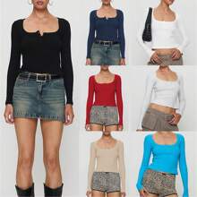 Women Crop Fitted Tops Solid Color Square Neck Button Long Sleeve Henley Shirt For Club Streetwear - Red - View 2