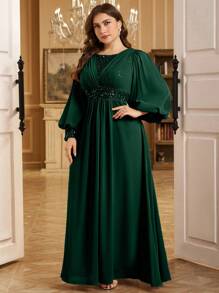 SUPGIR 加大圆领灯笼袖连衣裙，胸部有褶皱，亮片装饰和 A 字裙，优雅迷人，派对礼服，婚礼宾客礼服，正式礼服，晚礼服，长袍 - 墨綠色 - 查看 3