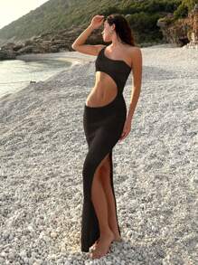 性感单肩钩针紧身连衣裙针织裹身镂空夏季 2025 沙滩装罩衫