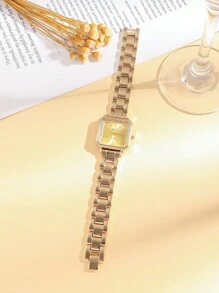 1 pieza Reloj de cuarzo con cuadrante cuadrado decorado con remaches y bisel con diamantes, de acero inoxidable, moda para adolescentes, adecuado como regalo de cumpleaños, Año Nuevo, etc.