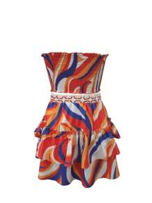 2 件套女士假日休闲彩色印花抹胸和荷叶边裙、夏季可爱套装、沙滩装、沙滩装、女士度假装、夏季装、热带度假女士服装