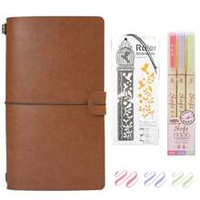 Binding Creative Notebook With Metal Bookmark Include Kraft Paper + Lined Paper + PVC Storage Bag For Hand Ledger Retro Portable Travel Diary Notebook Students School Stationery Supplies