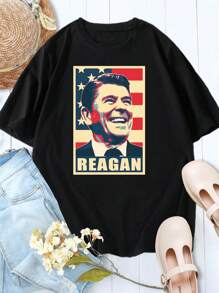 Ladies' Ronald Reagan Propaganda Poster Art T-Shirt Vintage Retro Patriotic 80s - Black - View 1
