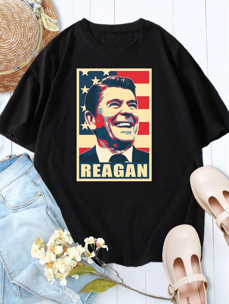 Ladies' Ronald Reagan Propaganda Poster Art T-Shirt Vintage Retro Patriotic 80s - Black - View 1