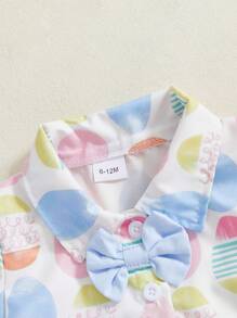 Toddler Boy Easter Shorts Set Egg Print Short Sleeve Button-Up Bow Tie Shirt Elastic Waistband Shorts