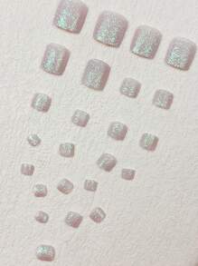 Transform Your Nails With 24pcs Modern Ins Style Silver Glitter Simple Daily Toe Nails Fashionable And Dazzling Multi-Color Glitter Nail Glitter Nail Art Sparkling Feet In The Sunlight Nail Supplies Instantly Enhances Your Charm Suitable For Women's Press On Toenails +1 Piece Of Jelly Glue+1 Rubbing Strip