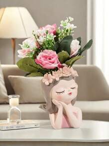1PC Fairy Flower Pot Cute Cartoon Little Girl Light Luxury High-End Feeling, Personalized Creative Shape Fleshy Flower Pot, Human Face Makeup Brush Storage Tube Dressing Table Eye Shadow Eyebrow Brush Pen Holder