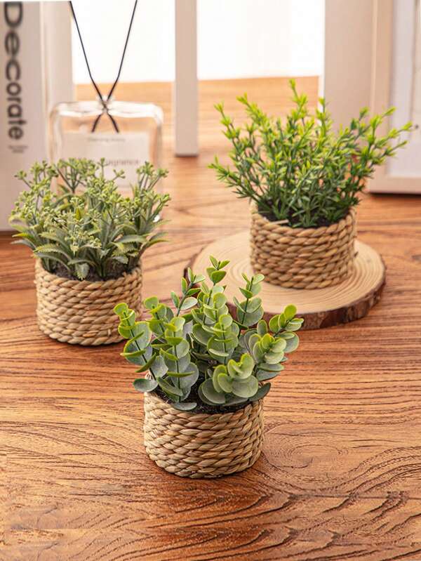 3pcs/Set Artificial Woven Mini Planters: Eucalyptus, Rosemary, Mimosa Three Distinct Shapes Artificial Plant Grass Hill, Seagrass Rope, Gift, Artificial Plants, Grass Hill, Green, PE Material, Polyester Fiber Material, Handmade Wedding Season Decorations, Graduation Gift Decorations, Home Decor
