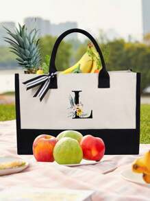 Túi vải bố (1/2 chiếc) kèm ngăn đựng mỹ phẩm, có thể tùy chỉnh họa tiết chữ cái, thích hợp làm quà tặng cho đám cưới, sinh nhật, đi biển, du lịch, dùng làm ba lô, v.v. Món quà tuyệt vời dành cho phụ nữ, mẹ, giáo viên, bạn bè, phù dâu, sinh viên. Thiết kế rộng rãi. - Đen và trắng - Xem 28