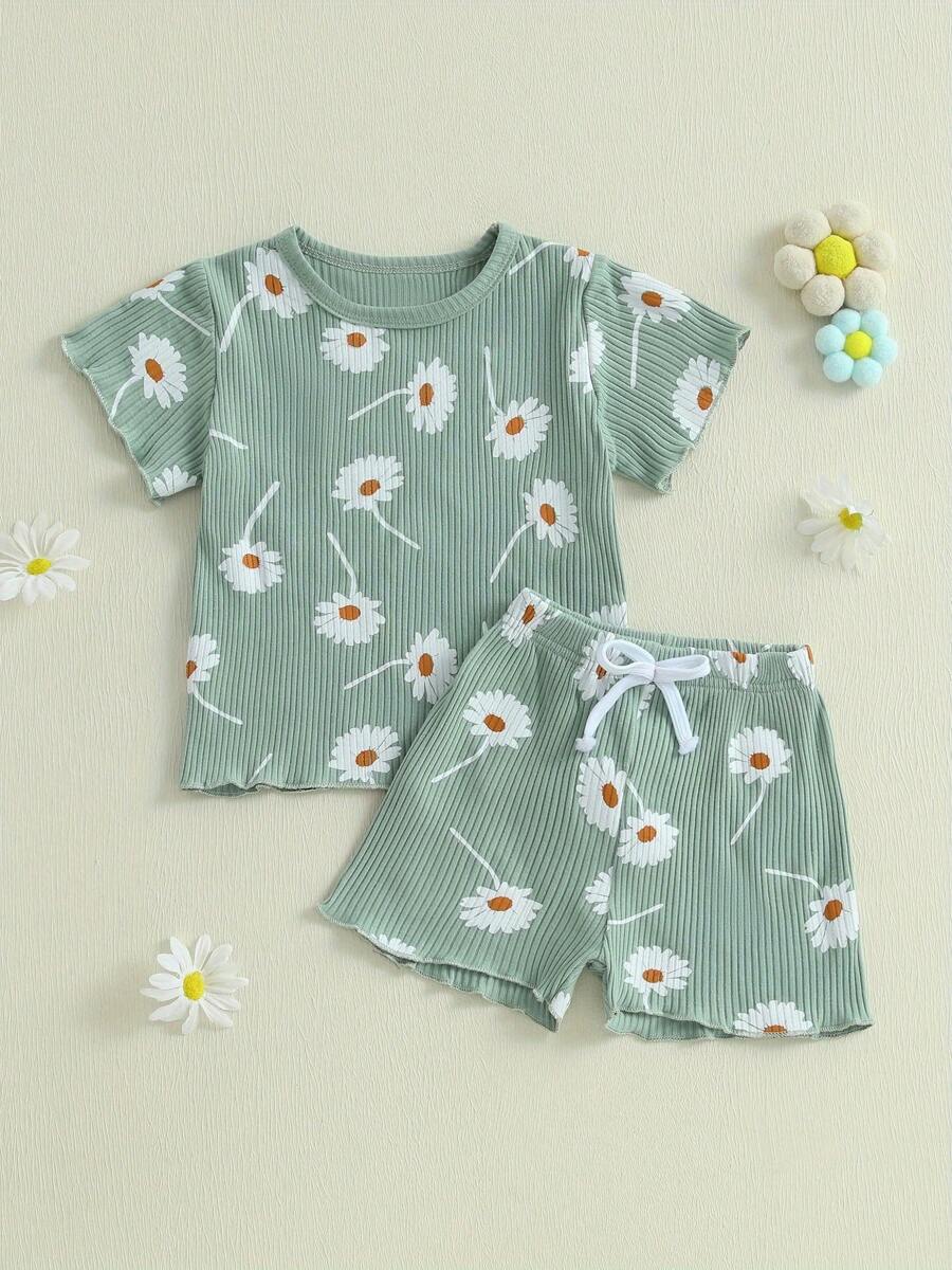 Toddler Girl Summer Outfit - Floral Print Ribbed Short Sleeve Tee  Elastic Waist Shorts 2-Piece Set - Green - View 1