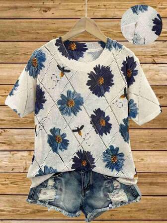 Snygg ny, avslappnad tröja för kvinnor, kortärmad topp, digitalt tryck med blommor och Firefly, ihålig stickad blus med V-ringad med volangkrage