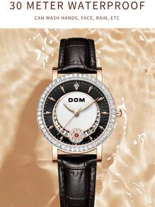 DOM 1pc Women's Rhinestone Moon & Date Luminous Dot Dial Brown Leather Band Elegant Fashion Waterproof Quartz Watch, Suitable For Daily Wear And Gifting - Brown - View 9