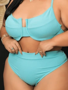 HIGH WAIST PLUS SIZE BIKINI FOR WOMEN IN WHITE WITH HALF CUP PADS IN BLACK, ELEGANT BEACH - 綠色 - 查看 1