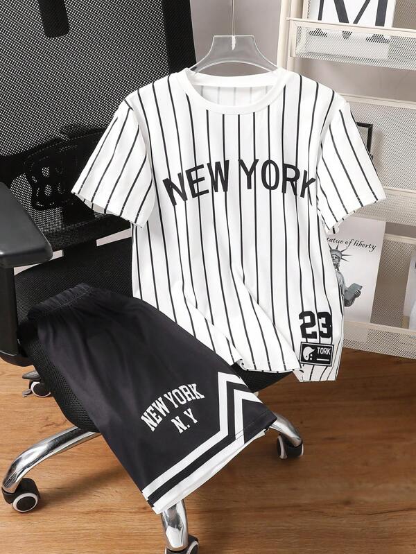 2pcs/Set Tween Boy Outdoor Comfortable Stripe, No.23 & New York Letter Print Crew Neck Short Sleeve T-Shirt & Shorts Set, Spring/Summer