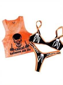 Women Two-piece Bikini with Skull Print, Adjustable Shoulder Strap Summer Swimming Pool Clothing - Negro y naranja - Ver 2