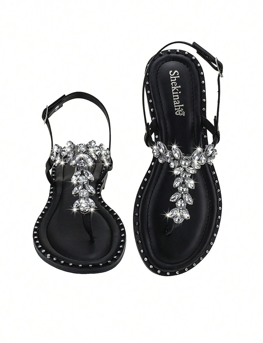 Shekinah Women's Flat Sandal With Rhinestone Embellishment, Studded Sole - Black - View 1
