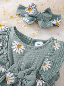 Zomerjurk voor babymeisjes - Mouwloze linnen jurk met madeliefjesprint en haarband