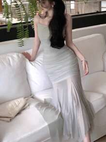 Summer Mesh Spaghetti Straps Asymmetric Mermaid Dress Elegant Plain Corset Evening Party Robe Women Vacation Clothes,Bridesmaid Dress - Grey - View 8