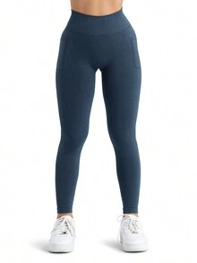 A AGROSTE Women Seamless Workout Leggings With Pockets Scrunch Butt Lifting Gym Leggings High Waisted Yoga Pants - 藏蓝色 - 查看 5