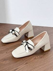 HanDuEke Women's High Heel Bowknot Loafer Flat Shoes, Retro British Style Thick Heel High Heel Pumps, Soft Leather Versatile Beige Spring/Autumn 2025 New Arrivals