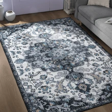 Area Rugs For Living Room, Low Pile Non-Slip Vintage Floral Rug, Foldable Machine Washable Carpet For Bedroom Dining Room