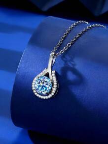 1PC 1CT Round Cut Blue Color Water Drop Shape Moissanite Diamond With S925 Silver Ring Fine Jewelry For Women Daily Wear Or Wedding, Engagement, Anniversary Or Valentine's Day The Best Gifts