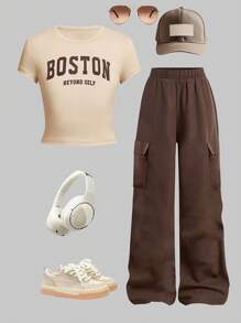 2pcs/Set Girls 8-11 Years Old, Round Neck Letter Print Cropped Top + Casual Fashion Cargo Pants Set, Elegant & Chic Style, Suitable For Vacation And Daily Outings