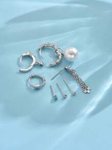 7pcs Exquisite Blue Series Zirconia Turquoise Pearl Earring Set, Minimalist Elegant Style Suitable For Women, Dating, Party, Daily Wear - Silver - View 3