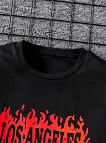 2 件套 Tween Boys 火焰与洛杉矶字母印花圆领短袖 T 恤和短裤套装，春夏