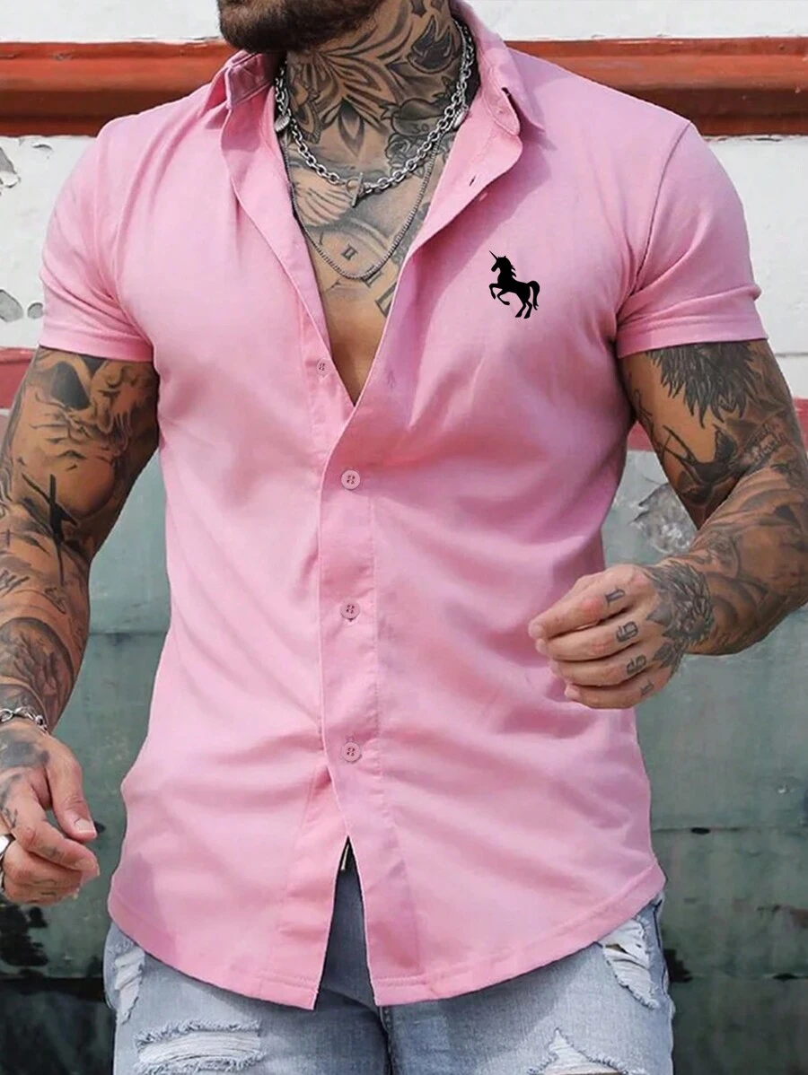 Men's Solid Color Plain Button Casual Commuting Minimalist Print Short Sleeve Dress Shirt - Pink - View 1
