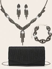 4 件装女式水钻晚装手拿包水钻耳夹新娘婚礼颈链手链吊饰闪亮闪光钱包手拿包女士晚装包闪亮手提包带可拆卸链条适合婚礼和派对女士单肩包闪光 V 型翻盖手提包鸡尾酒会婚礼新款钱包宴会包 - 黑色 - 查看 1