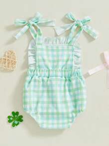 Baby Summer Rompers Ruffles Plaid Pattern Four-Leaf Clover Bunny Love Heart Embroidery Sleeveless Newborn Jumpsuit - Green - View 3