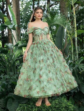 Faeriesty Elegant Off Shoulder Ruffle Trim Floral Tulle Prom Dress Cocktail Dress, Party Dress, Wedding Guest Dress