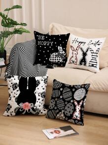 1 pièce/4 pièces Housse de coussin imprimée de lapin de Pâques, d'œuf, de fleurs et de lettres du printemps, en polyester, pour la décoration de la chambre, du salon 45x45cm (sans insert de coussin)