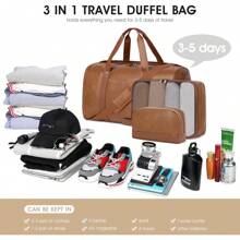 3PCS Faux Leather Weekender Bag For Women Men Large Overnight Bag Travel Duffel Bag With Shoe Compartment Toiletry Packing Cube Carry On Bag Fit 21" Laptop(Light Brown)