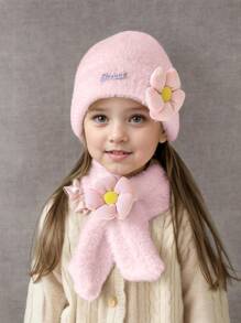 1 件女童针织花帽和围巾套装，冬季加保暖内衬，婴儿幼儿甜美英文字母和人造毛皮 2 件套 - 2PC - 查看 2