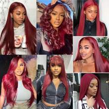 34 Inch 99j Burgundy Red 13X4 Straight Lace Front Wigs Human Hair 99J 13X4 Transparent Lace Frontal Wigs Glueless Pre Plucked With Baby Hair Wigs For Women 200% Density - S99J - 查看 10