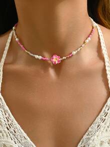1pc Vacation Style Soft Clay Flower & Bead Strand Necklace - Blue - View 3
