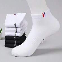6 Pairs Men's Thin Low Cut Socks, Summer Breathable Letter Print Short Black Athletic Socks