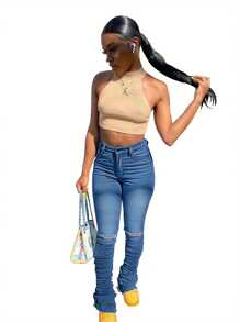 Women Stacked Denim Leggings Casual High Waist Skinny Ripped Bell Bottom Denim Pants With Pockets