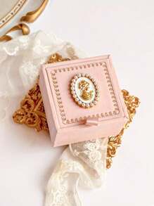 1pc Vintage French Style Minimalist Pink Retro Pearl Woman Head Design Earring & Ring Box, Delicate Foil Floral Edge Jewelry Box, Ring Storage Case