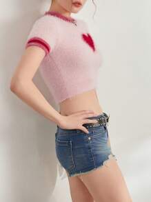 Women's Plush Crop Tops Short Sleeve Crewneck Heart/Cherry/Star Print Short T-Shirt - 粉色 - 查看 6