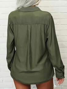 Whisplicity Plus Size Women's Solid Color Lapel Tie Long Sleeve Shirt, Spring Casual - Army Green - View 3