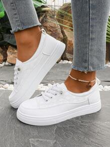 Plus Size Women Athletic Sneakers,White School Casual Student Flat Fashionable Lace-Up Trainers,Non-Slip Breathable Leisure Comfortable Big Size Shoes